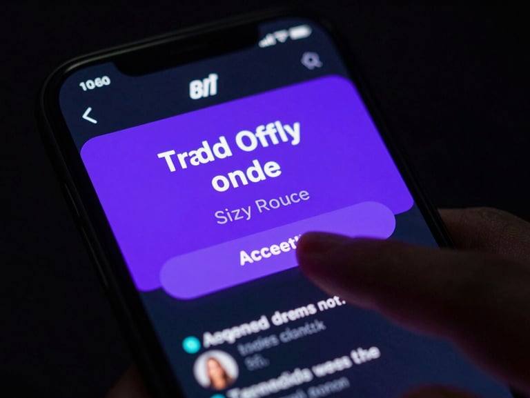 Macro shot of a smartphone screen displaying a neon purple trade offer interface, fingers tapping the accept button, dark ambient lighting, high contrast
