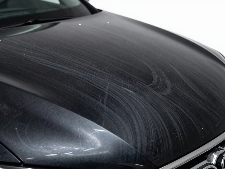 Close-up of a black car hood covered in heavy swirl marks, micro-scratches, and dull oxidized paint under a harsh inspection light, premium automotive photography
