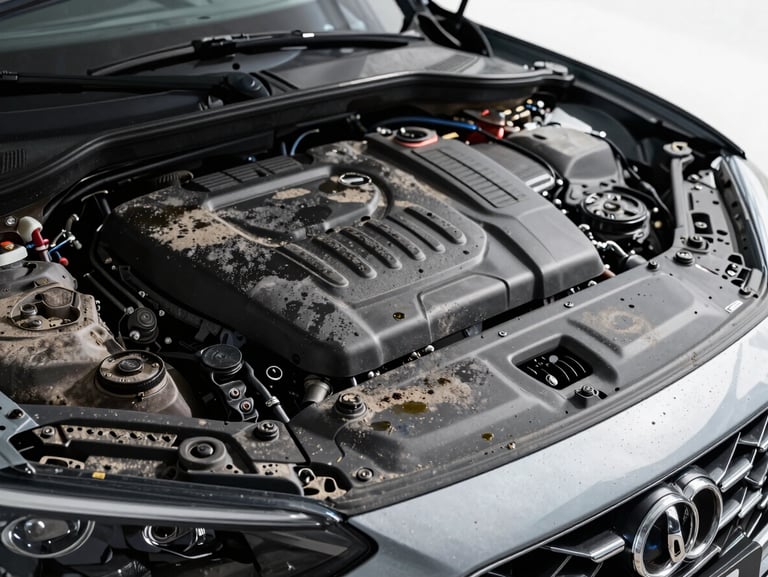 Engine bay of a modern car covered in thick road grime, dust, and dried oil spots, dull plastic covers, premium automotive photography