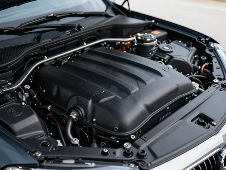 The same engine bay meticulously steam cleaned, plastic dressings applied, showing clean metal lines and deep black satin plastic covers, premium automotive photography