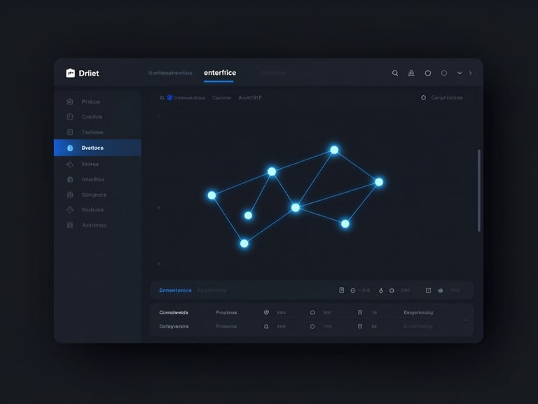 Minimalist mock-up of an enterprise dashboard on a dark sleek screen, glowing data nodes, electric blue accents, dark studio lighting.
