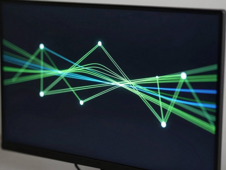 Macro shot of abstract AI data flows on a modern monitor, neon green nodes and connections, dark clean workspace aesthetic.