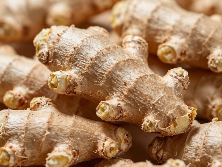 Extreme macro close-up of sun-dried ginger rhizomes, detailed wrinkled textures under harsh natural sunlight, high contrast, shallow depth of field.