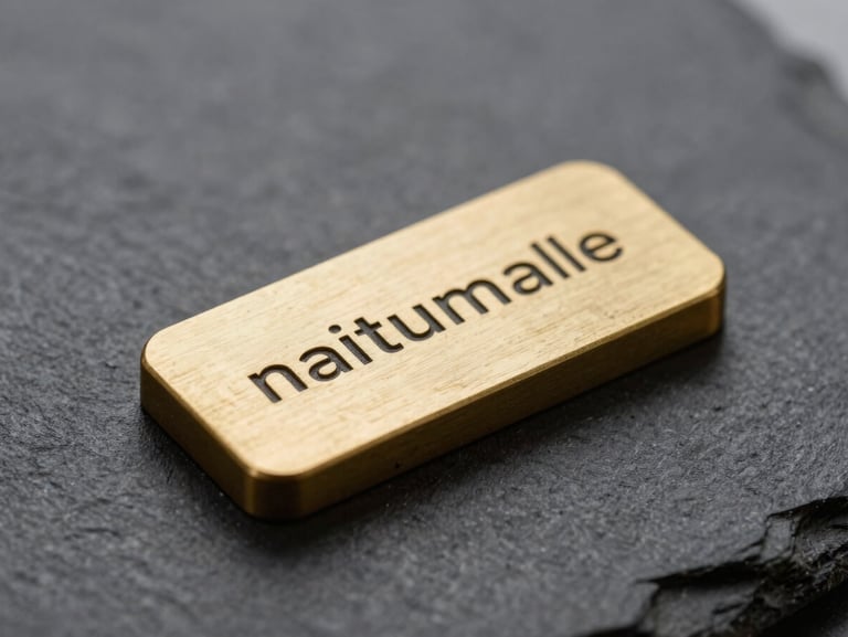 Macro shot of a minimalist custom brass desk accessory with precision laser engraving, resting on a dark slate surface with soft directional shadows.