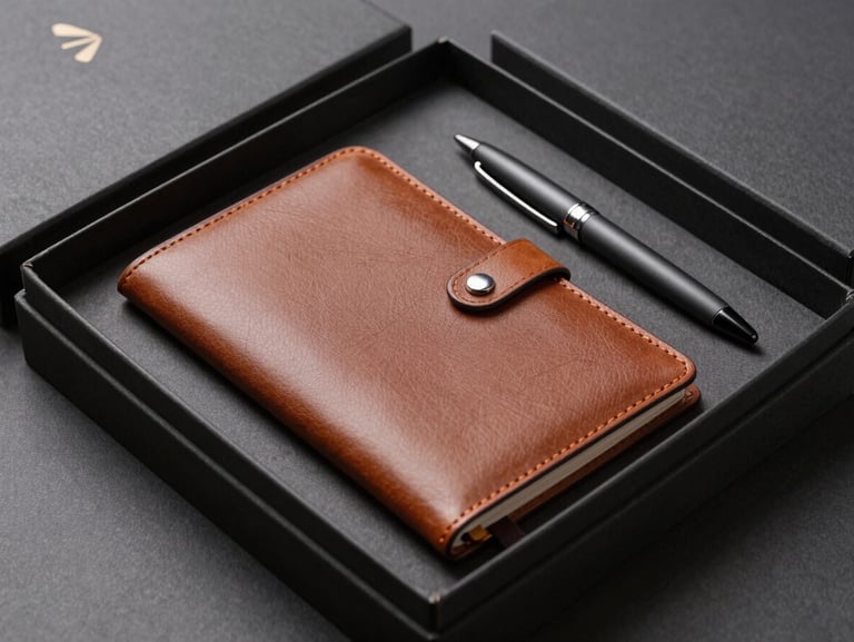 Bespoke corporate welcome kit featuring a leather notebook and matte metal pen arranged inside a custom structured box