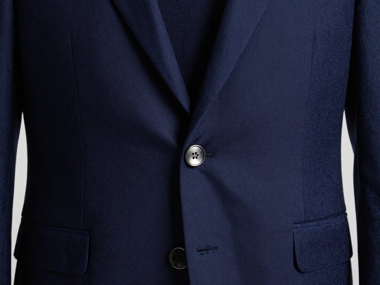 Close-up of a premium navy blue executive blazer, focusing on the custom-engraved metallic button and clean lapel stitching, soft directional studio lighting.