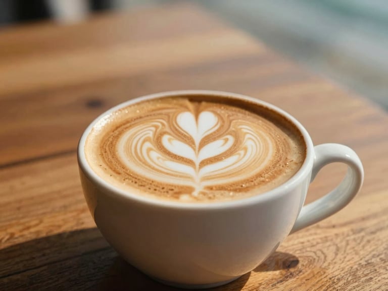 Shallow depth of field close-up of a warm cappuccino with detailed wave latte art, sitting on a sun-drenched wooden table, 35mm.