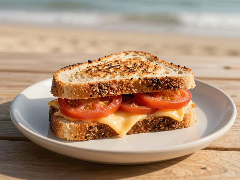 Freshly pressed panini sandwich with melted cheese and heirloom tomatoes on artisanal sourdough, served on a light ceramic plate, 35mm.