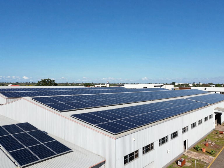 Vista aérea de galpão industrial em Fortaleza com telhado totalmente coberto por painéis solares modernos brilhando sob o sol forte do Ceará, céu azul limpo.