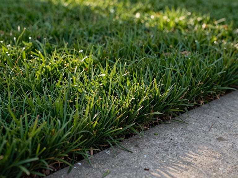 Extreme close-up of lush, dense, deep-green turf with a razor-sharp edge cleanly meeting a concrete driveway, early morning light.