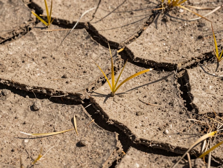 Macro shot of dry, cracked clay soil with sparse, yellowing grass blades under harsh midday sun.