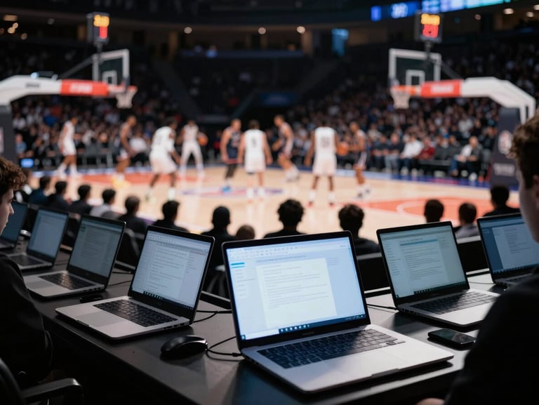 Wide-angle shot from the media pit of a basketball arena, glowing laptop screens in the foreground, intense game action blurred in the background, high-contrast.