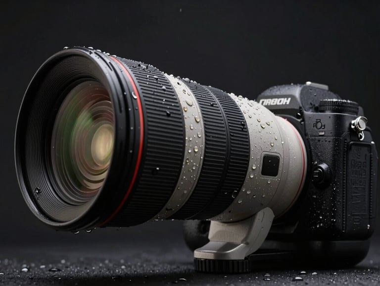 Low angle shot of a professional camera body with a massive telephoto lens, rain droplets on the matte black metal, harsh direct light cutting through darkness.