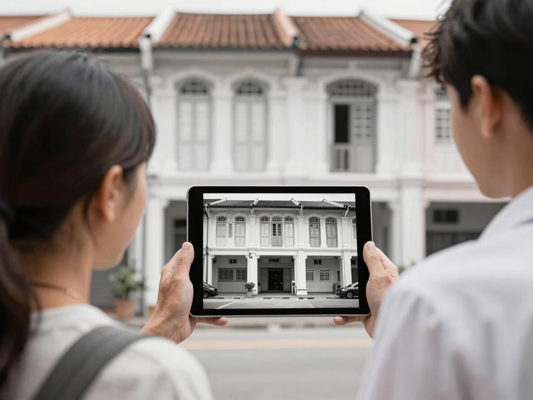 A restored black-and-white photo of early Singapore shophouses displayed on a modern tablet, held by an elder and a youth.