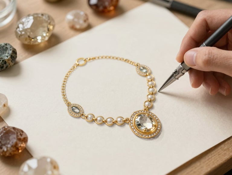 Overhead shot of a hand-drawn jewelry sketch on handmade paper next to raw gemstones on a workbench.