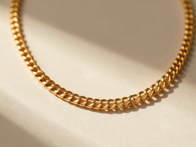 Macro shot of intricate gold detailing on a restructured modern necklace, warm lighting, shallow depth of field.