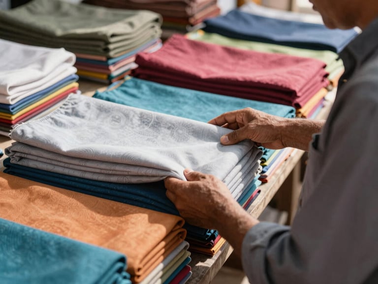 Close-up of a merchant inspecting colorful folded fabrics in a bright textile market, natural sunlight.