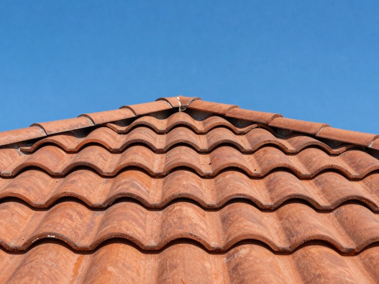 Close-up of newly installed terracotta tiles on a clean roof, direct bright sunlight, sharp detail