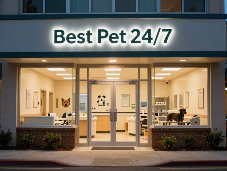 Welcoming exterior of the Best Pet 24/7 clinic on Hoover Street at night, warm amber lights glowing from windows, clean clinical entrance