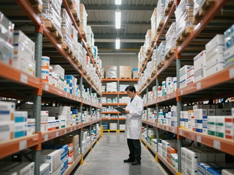 Wide environmental shot of a pharmaceutical warehouse interior, tall metal shelving loaded with medication cartons, a worker verifying inventory on a clipboard under warehouse overhead lighting