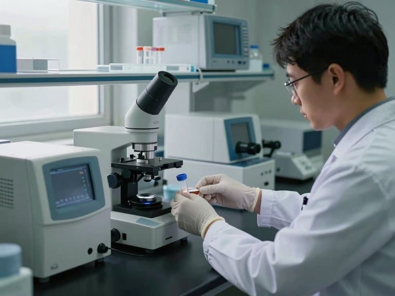 Medium shot of a clinical laboratory bench, technician's gloved hands handling sample tubes beside analytical instruments, natural window light from the left, precise and functional workspace