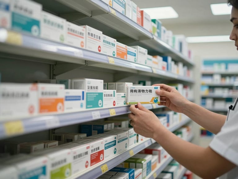 Wide medium shot of a pharmacy shelf mid-restock, rows of medication boxes being organized by a worker's hands, practical fluorescent overhead light, clinical and orderly