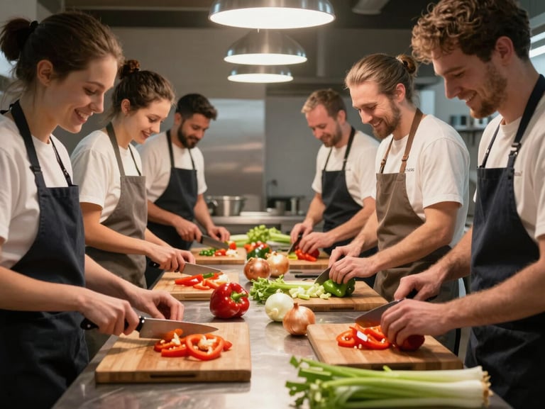 A wide, inclusive shot of smiling kitchen staff in Lancaster chopping fresh bell peppers, onions, and celery together under bright, honest work-lights, warm atmosphere.