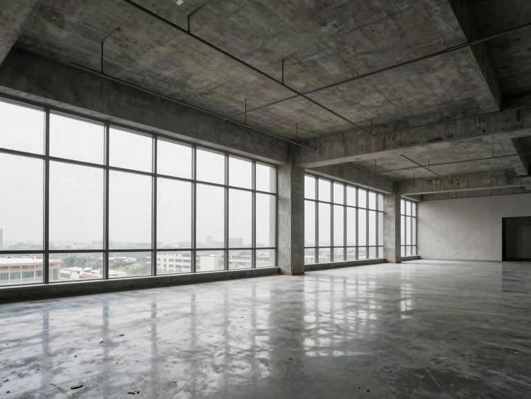 Completed commercial office floor in Jaipur — open-plan concrete ceiling with exposed services, polished floor reflecting diffused overcast daylight from floor-to-ceiling windows, structural grid clearly legible, no occupants, material documentation framing