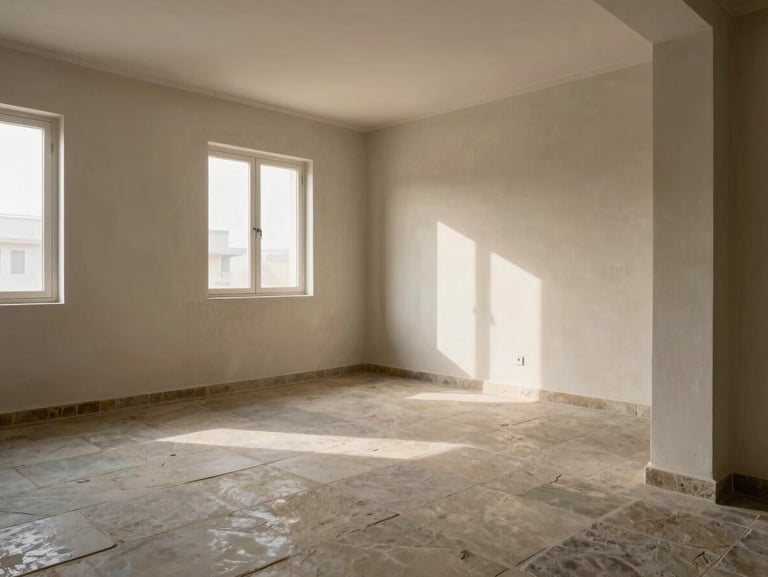 Finished residential apartment interior, Jaipur — living area with stone-finish flooring, plastered walls under soft north-facing window light, structural column visible in corner, no furniture staging, material quality foregrounded