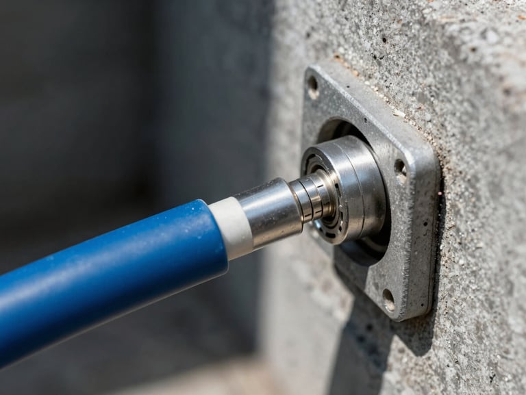 Macro shot of armored fiber-optic backbone cable entering a concrete utility vault, high-contrast industrial setup, 35mm lens