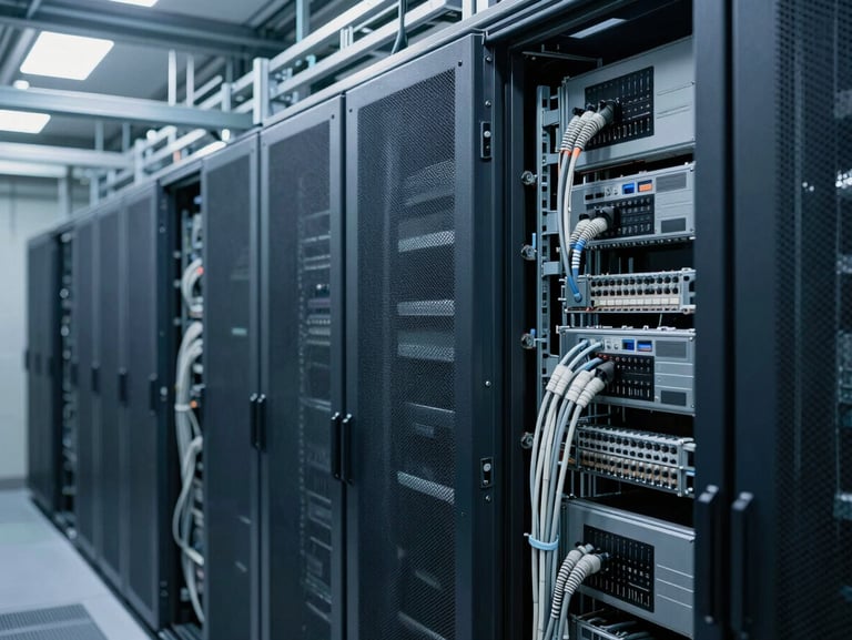 Neatly bundled structural cabling running along overhead cable trays in a massive enterprise data center, cool technical lighting, 35mm lens