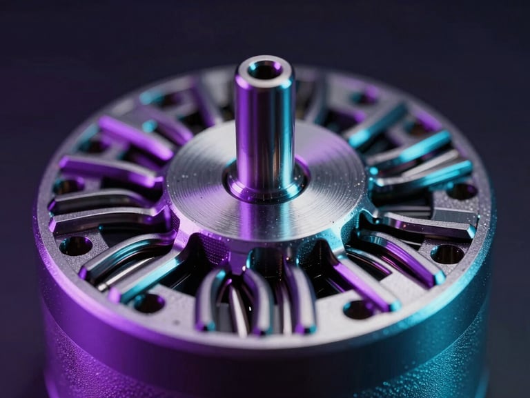 Macro shot of a high-torque brushless motor core with metallic silver coils and neon purple highlights, dramatic studio lighting