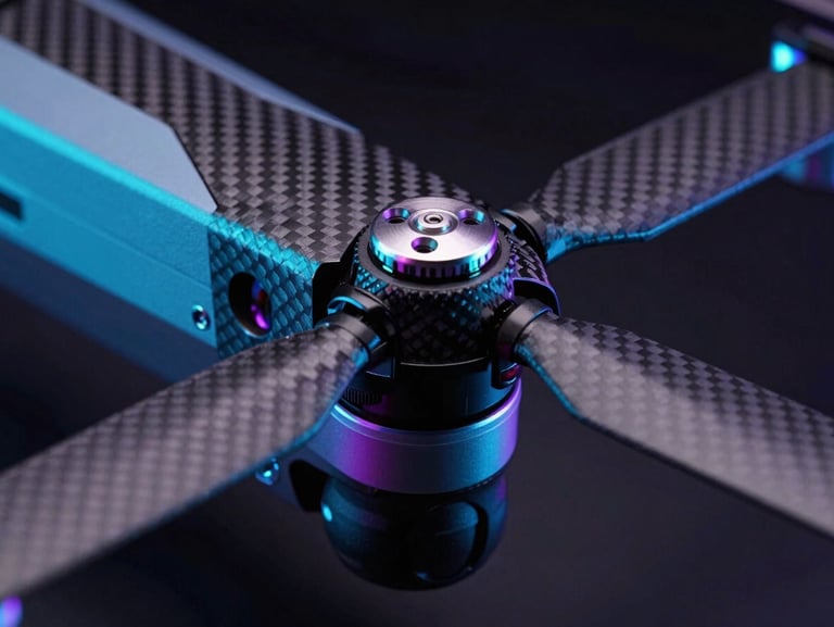 Extreme close-up of a drone rotor hub showing carbon fiber weave and cyan anodized aluminum accents, low-key lighting