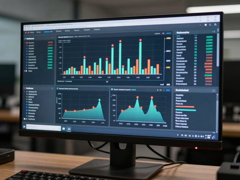 Wide shot of a dark monitor displaying a real-time data dashboard with bar charts and anomaly markers, cool flat technical lighting, no humans, engineering workspace context