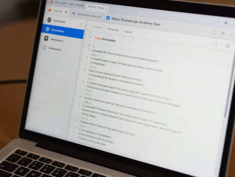 Close crop of a laptop screen showing a chat interface with structured JSON response data and a compliance flag sidebar, cool flat desk lighting, cables partially visible