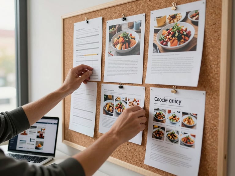 Agency workspace detail, hands arranging printed food photographs and strategy notes on a large cork board, a laptop open to one side showing a social media draft, warm afternoon light from a window to the left, papers slightly overlapping — evidence of real planning in progress
