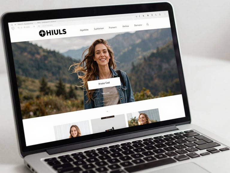 Close-up product shot of a laptop screen showing a polished small business website homepage with clean navigation, hero image, and call-to-action button visible, bright even studio lighting, slight three-quarter angle