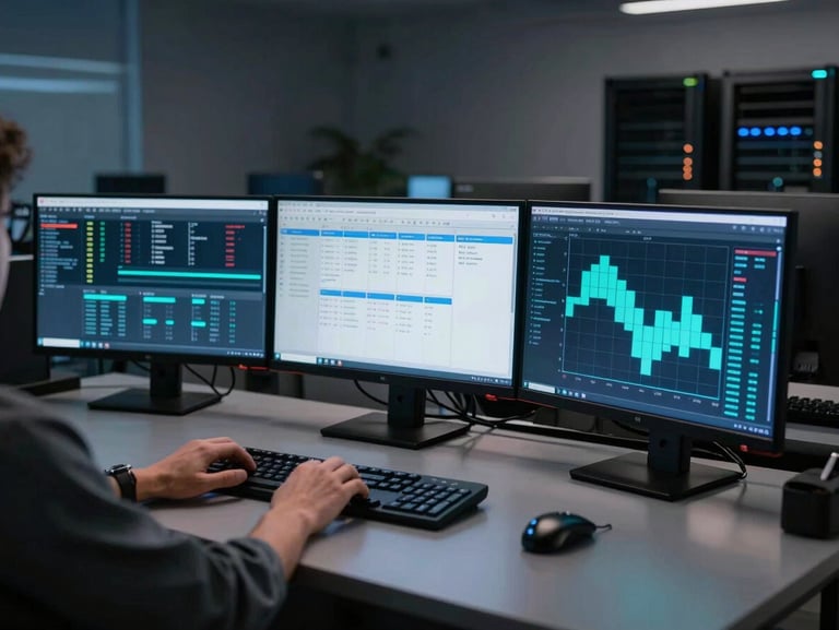 Wide-angle view of a live security operations center workstation: dual monitors displaying a real-time audit dashboard and GRC compliance heatmap, keyboard hands mid-keystroke, blue and teal interface glow illuminating the desk surface, dark room background with subtle server rack lighting to the right