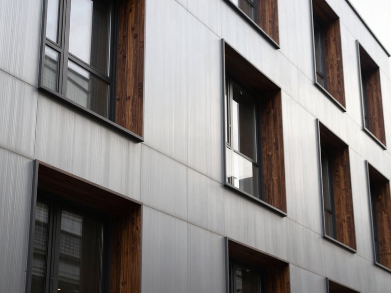 Abstract detail shot of a modern residential facade, brushed metal panels and dark oak window frames, soft daylight