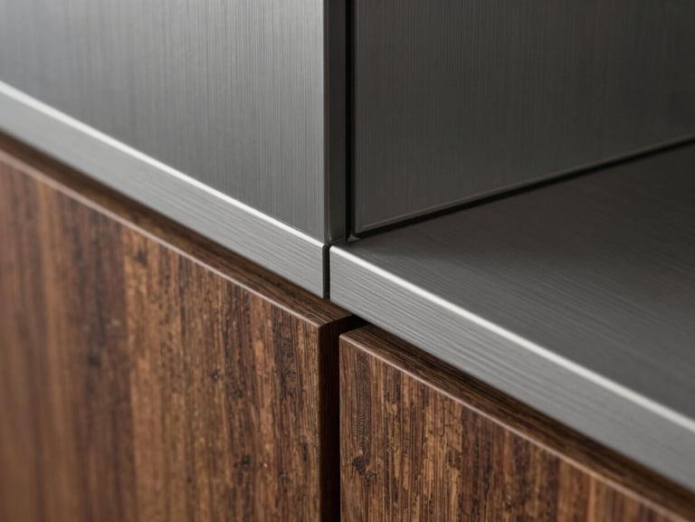 Close-up detail of high-quality architectural materials, brushed grey steel meeting dark oak wood paneling, soft natural side light, precise craftsmanship.