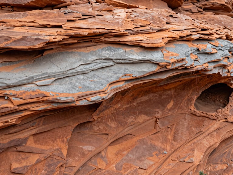 Macro shot of weathered Utah sandstone showing stratified layers of orange clay and grey silt, high-contrast natural light.