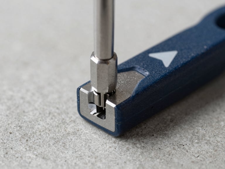 Macro shot of a manual tensioning tool tightening a wedge into a clip, video play overlay icon, crisp industrial light