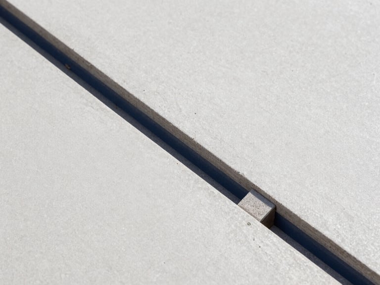 Overhead technical view of porcelain tiles perfectly aligned with leveling wedges, video play overlay, clean daylight