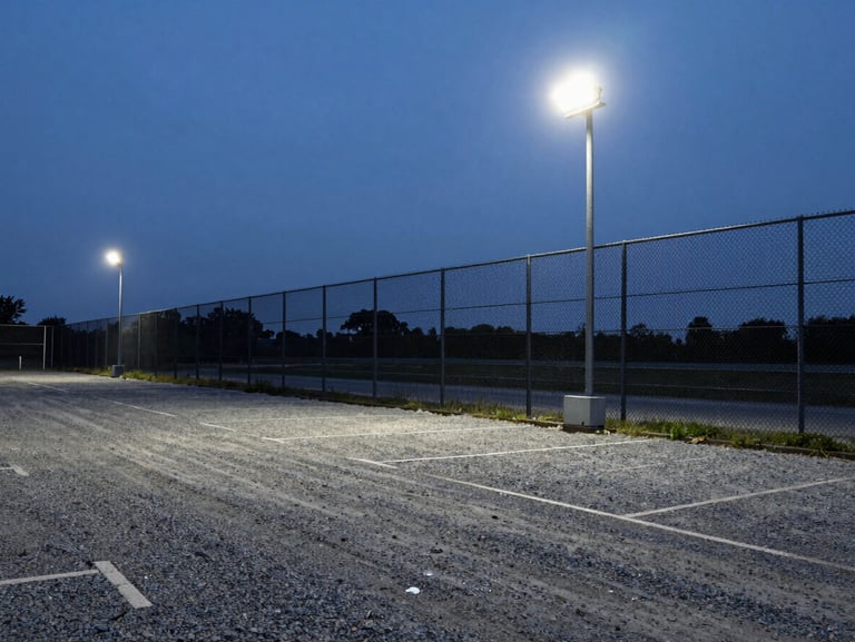 Wide angle view of a gravel parking lot lined with high security fencing, bright security floodlight mounted on a pole, evening sky.