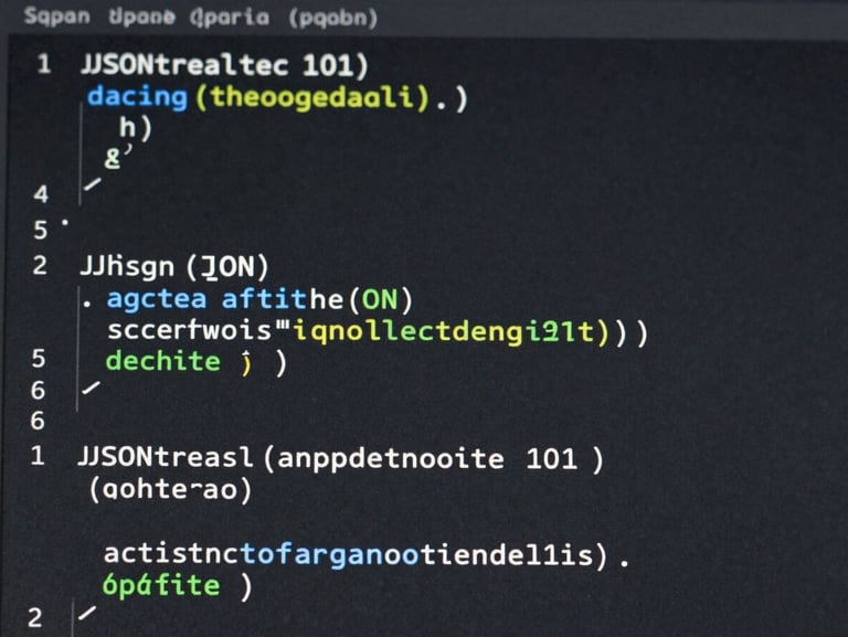 Macro shot of a high-fidelity software interface displaying structured JSON code blocks and clean typography on a dark slate screen, sharp directional studio lighting.