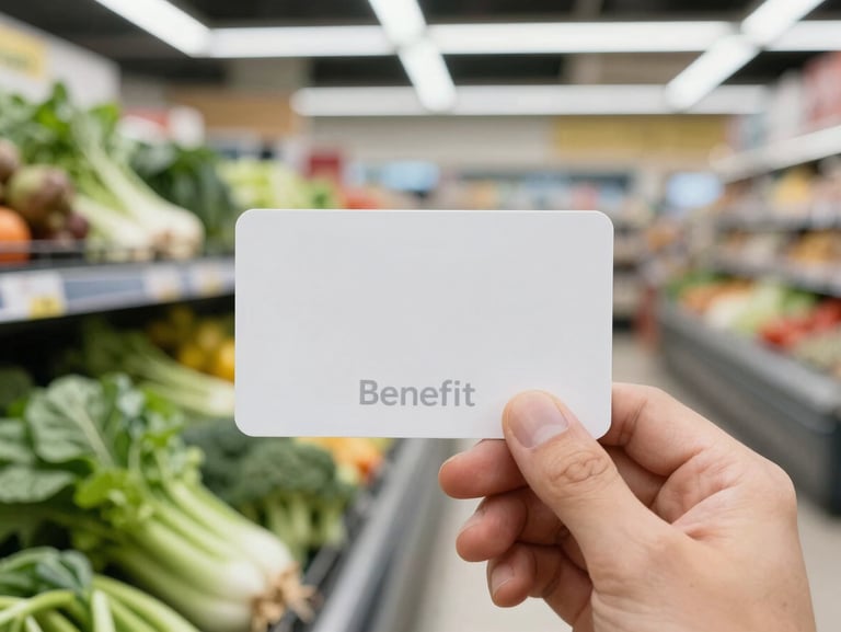 A close-up of a hand holding a clean, professional benefit card at a modern grocery checkout lane, fresh green vegetables in the background, bright natural lighting.