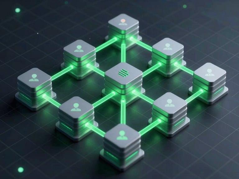 Isometric system architecture diagram of a dispatch pipeline, glowing terminal-green paths connecting user requests to database nodes, dark background, technical grid.