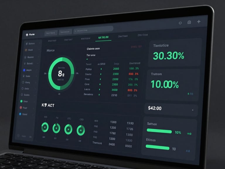 High-fidelity dark UI mockup of a system performance dashboard showing live operational metrics, terminal-green status indicators, clean dark device wrapper, high contrast screen glow.