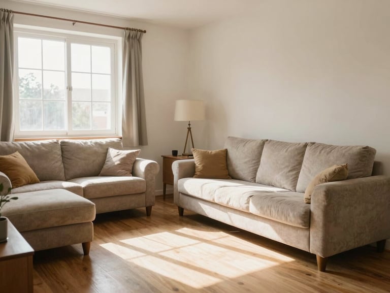 Candid, realistic photo of the same living room shot on a phone under natural daylight, showing actual wear and space.