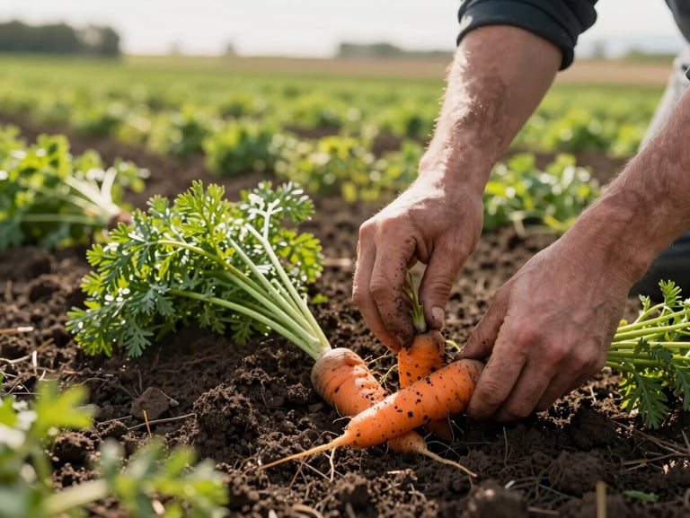 Hands harvesting organic heirloom carrots from rich dark soil in the low-angle morning light, green fields stretching in the background